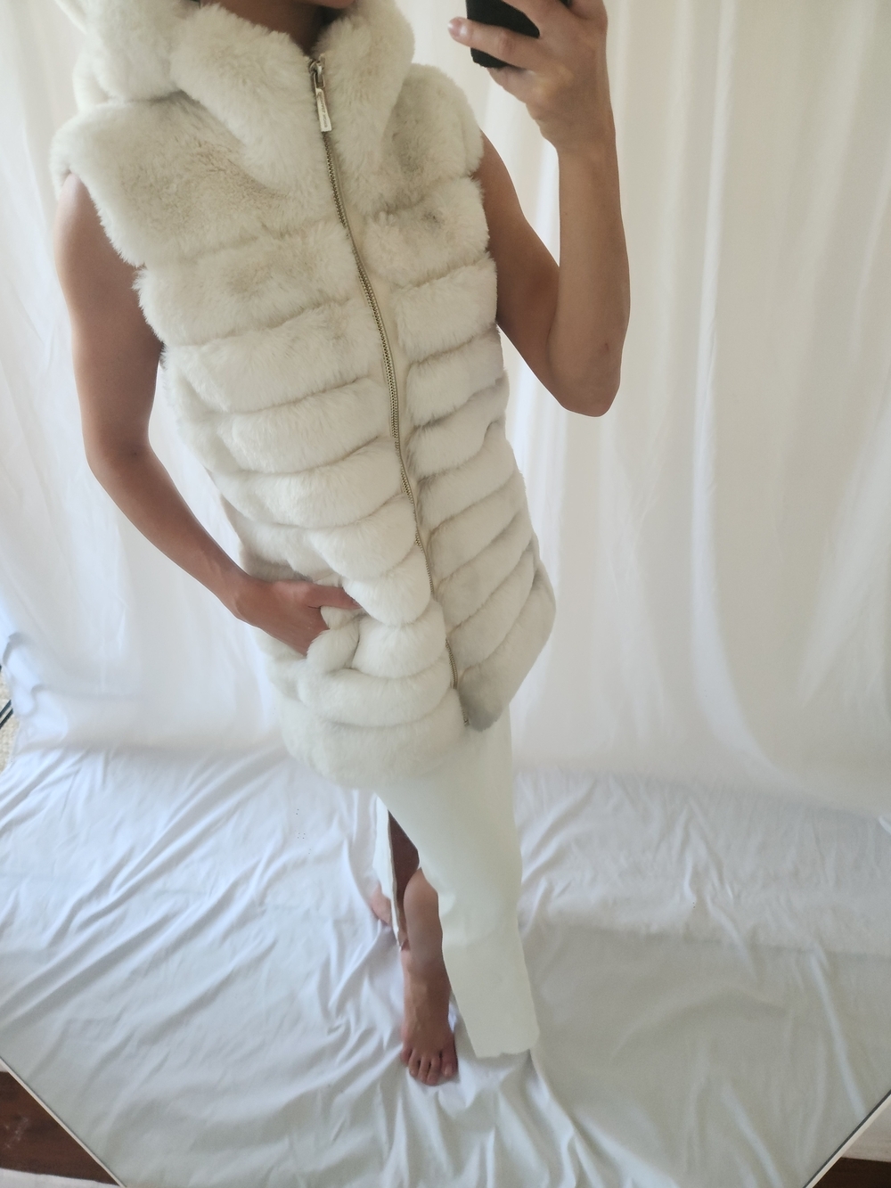Michael Kors Cream Hooded Faux Fur Vest with Gold Chain Detail - Picture 2 of 10